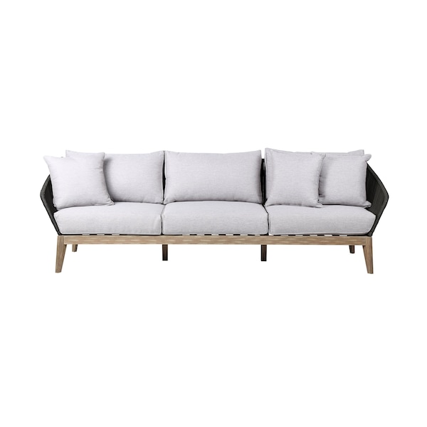 Armen Living Athos Indoor Outdoor 3 Seater Sofa in Light Eucalyptus Wood with Charcoal Rope and Gray Cushions LCATSOWDLT - main